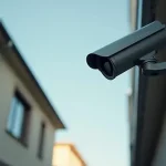 Eye-level view of a security camera mounted on a residential building