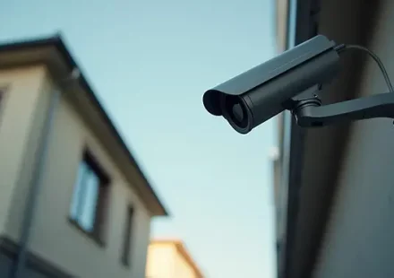 Eye-level view of a security camera mounted on a residential building