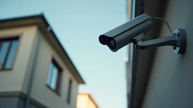 Eye-level view of a security camera mounted on a residential building